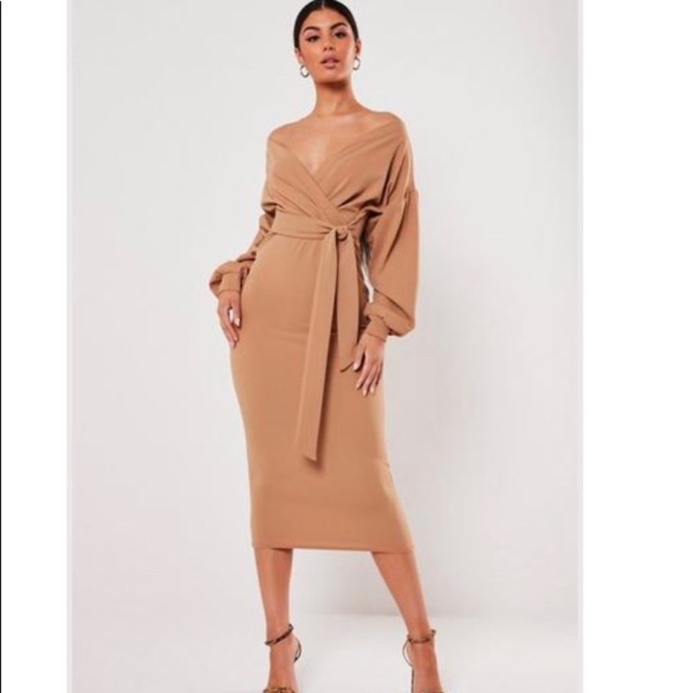 CAMEL PLUNGE WRAP BELTED MIDI DRESS